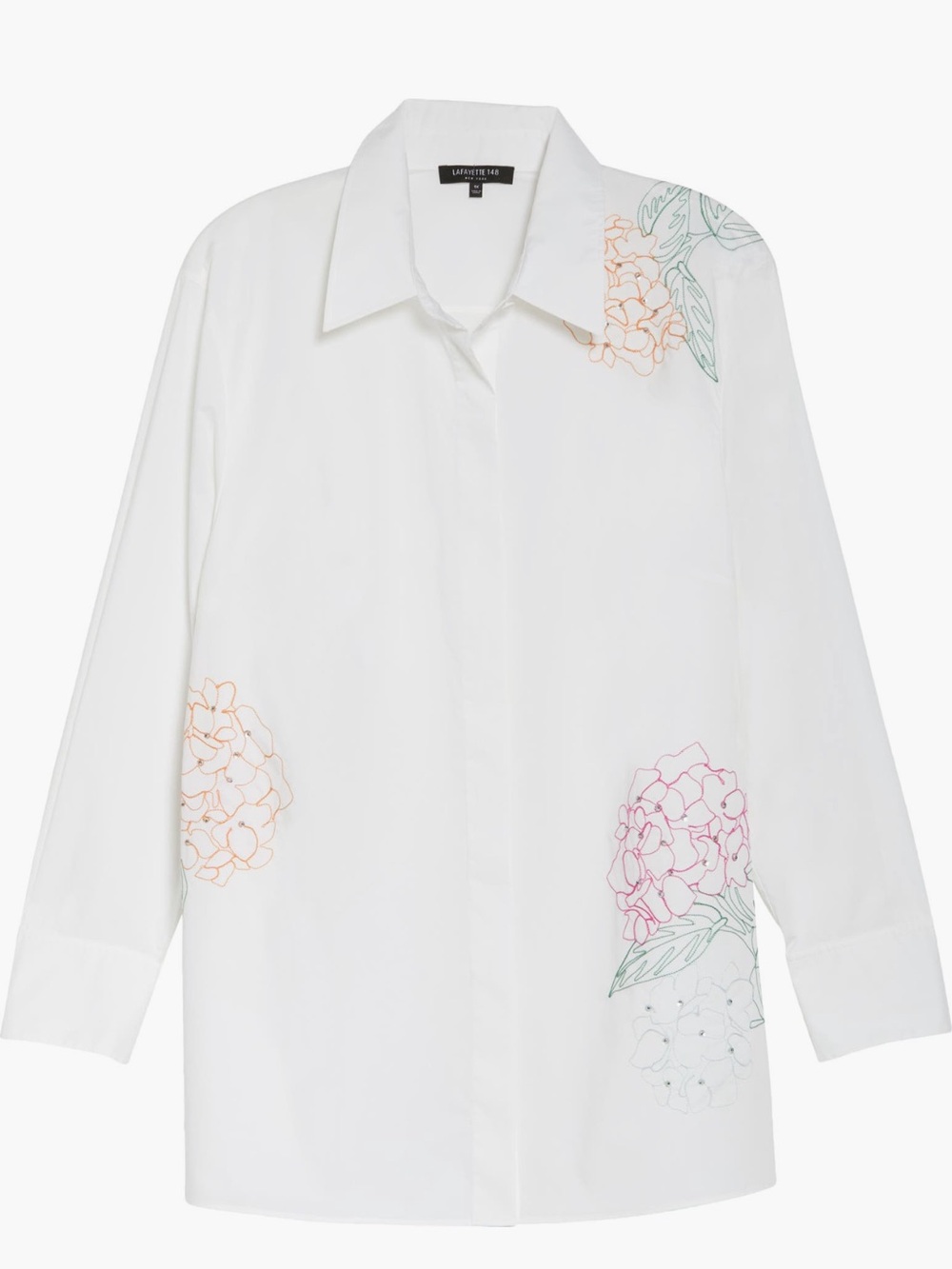 Lafayette 148 New York White Cotton Shirt with Multicolor Floral Embroidery